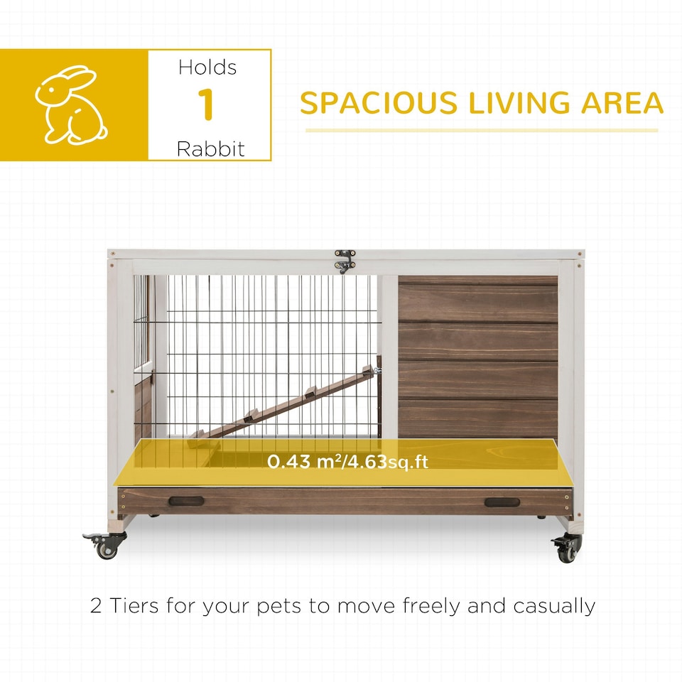 image 1 of PawHut Rabbit Cages, Guinea Pig Hutch w/ Roof & Wheels, No-Leak Tray, Brown