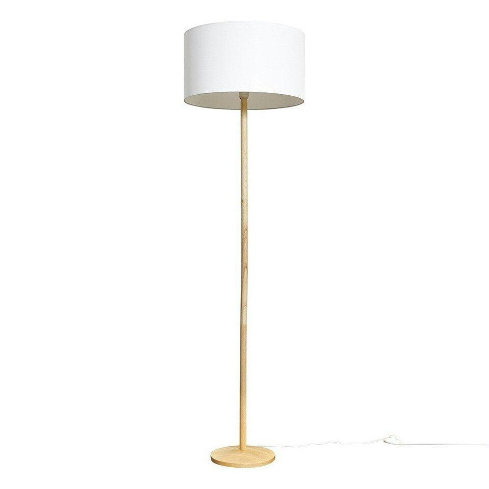 image 1 of ValueLights Single Stem Natural Light Wood Floor Lamp With White Drum Shade White