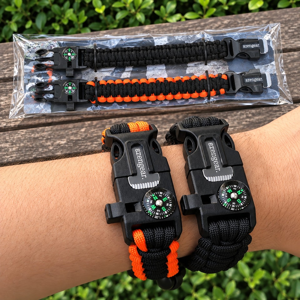 image 1 of aZengear Paracord Survival Bracelet (Pair), Flint Fire Starter, Whistle, Compass for Camping, Bushcraft and Emergency Equipment