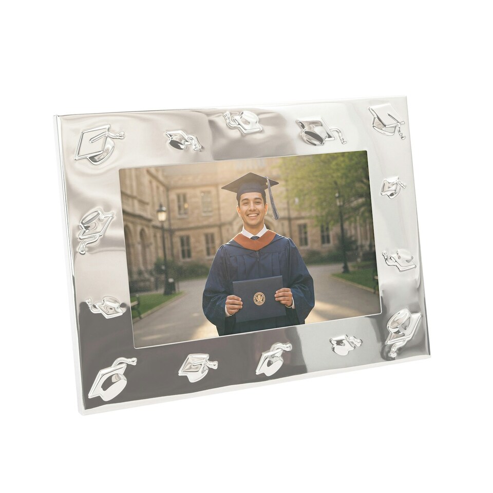 image 1 of Graduation Metal 4x6 Picture Frame in Nickel Plated with 3D Hat Icons Silver | One Size