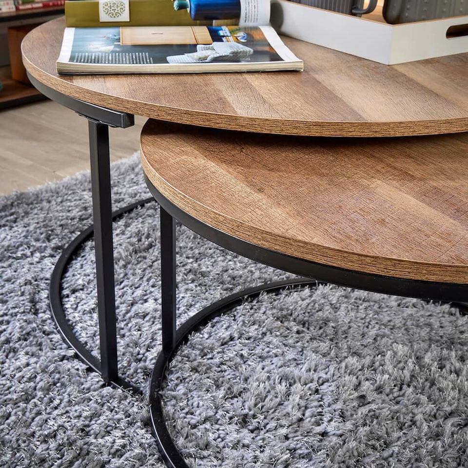 image 1 of Round Nest of 2 Coffee Tables Stackable Side Tables Unit Oak Effect Finish