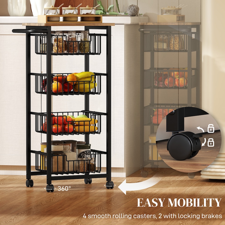 image 1 of HOMCOM 4-Tier Kitchen Island on Wheels, Rolling Kitchen Storage Trolley with 4 Pull-Out Mesh Baskets, Mobile Utility Serving Cart, Oak | White | Oak
