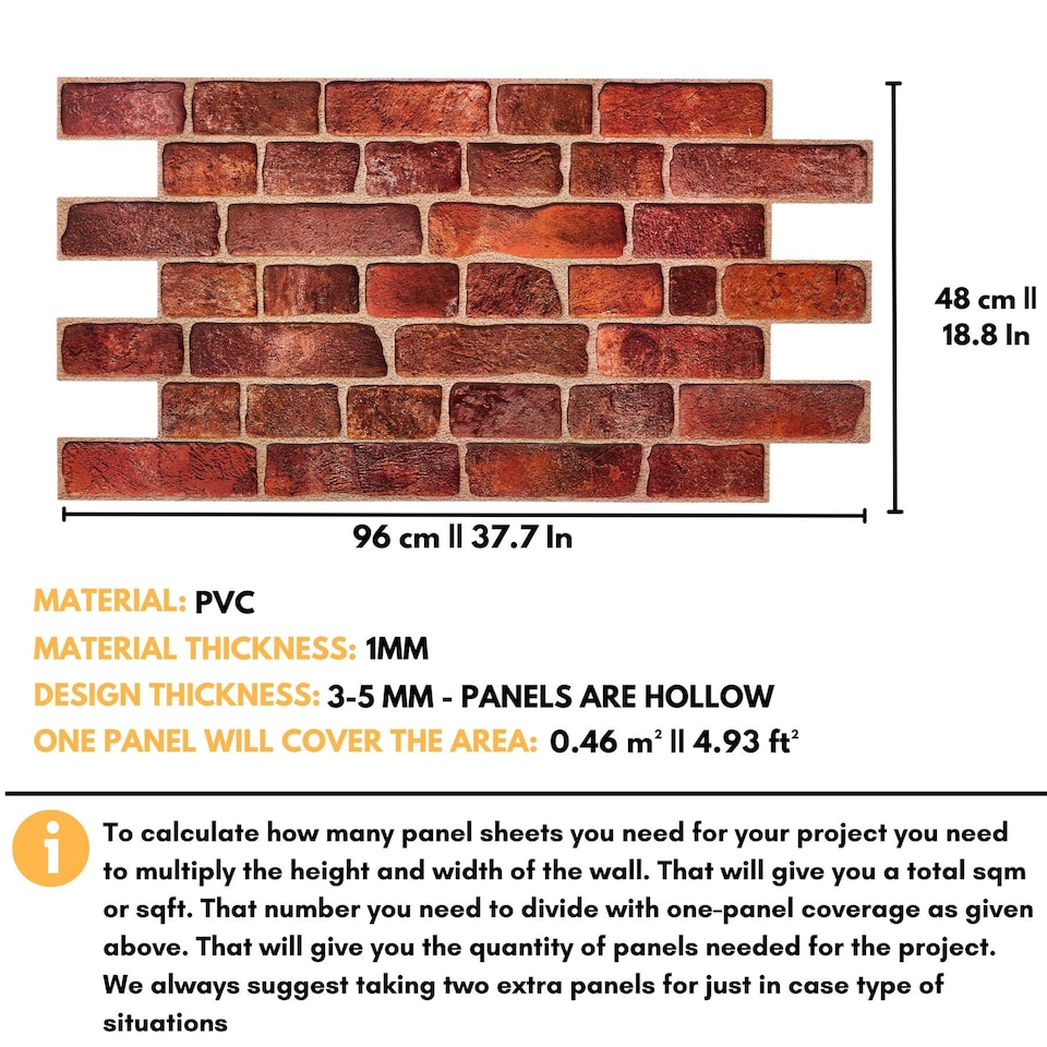image 1 of NOVECRAFTO Red Brick Effect 3D Wall Panels (96cm x 48cm) DIY PVC Plastic Cladding Panels