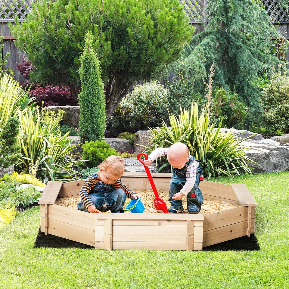 image 1 of Outsunny Kids Wooden Sand Pit Children Sandbox with Cover Outdoor Playset