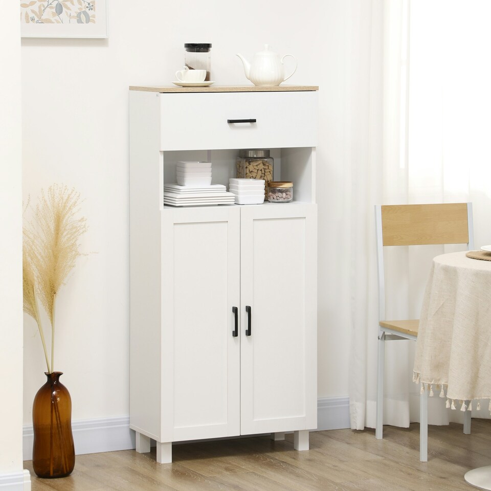 image 1 of HOMCOM Kitchen Cupboard Storage Cabinet with Drawer, Countertop, White White | Natural Wood Effect