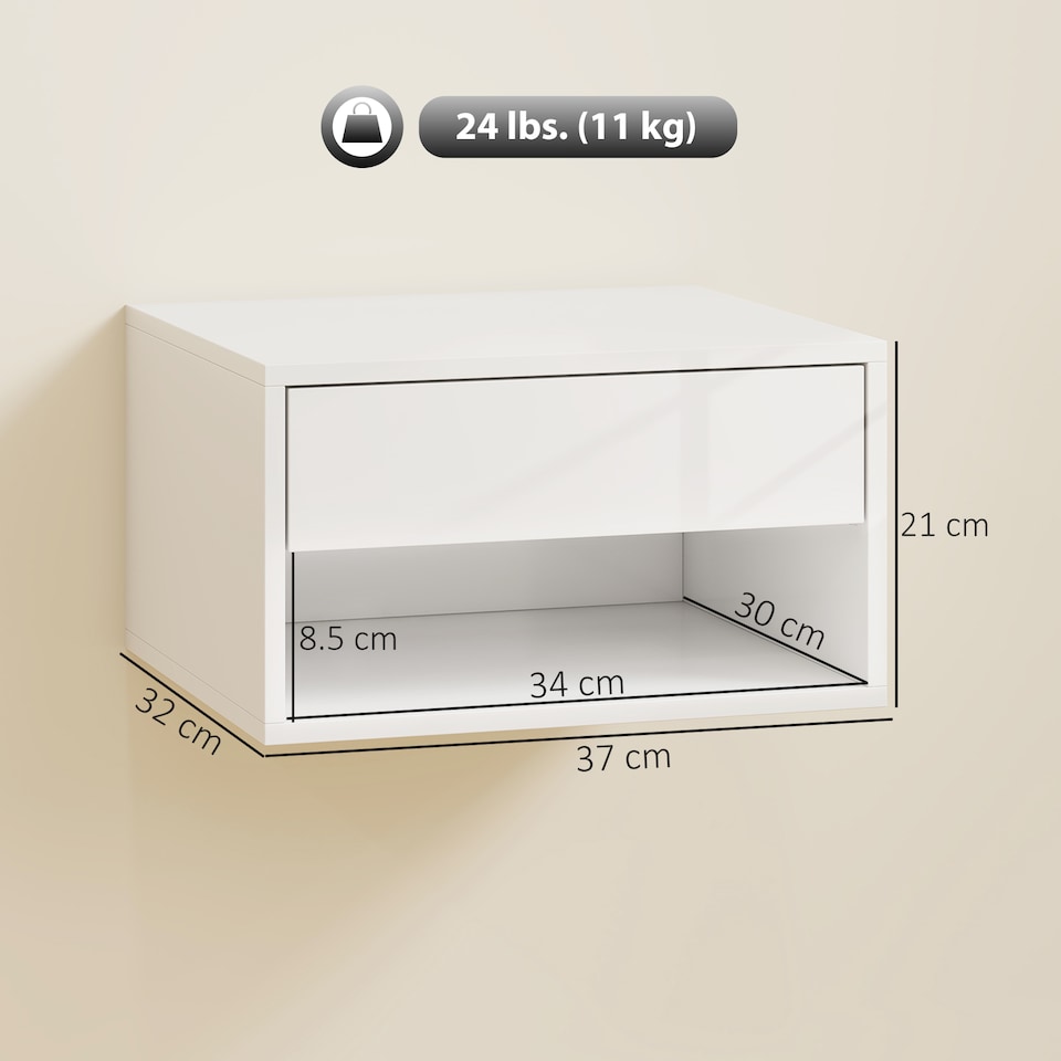 image 1 of HOMCOM Floating Nightstands Set of 2, Bedside Table w/ Drawer and Open Shelf | White | High Gloss White | 37W x 32D x 21H cm