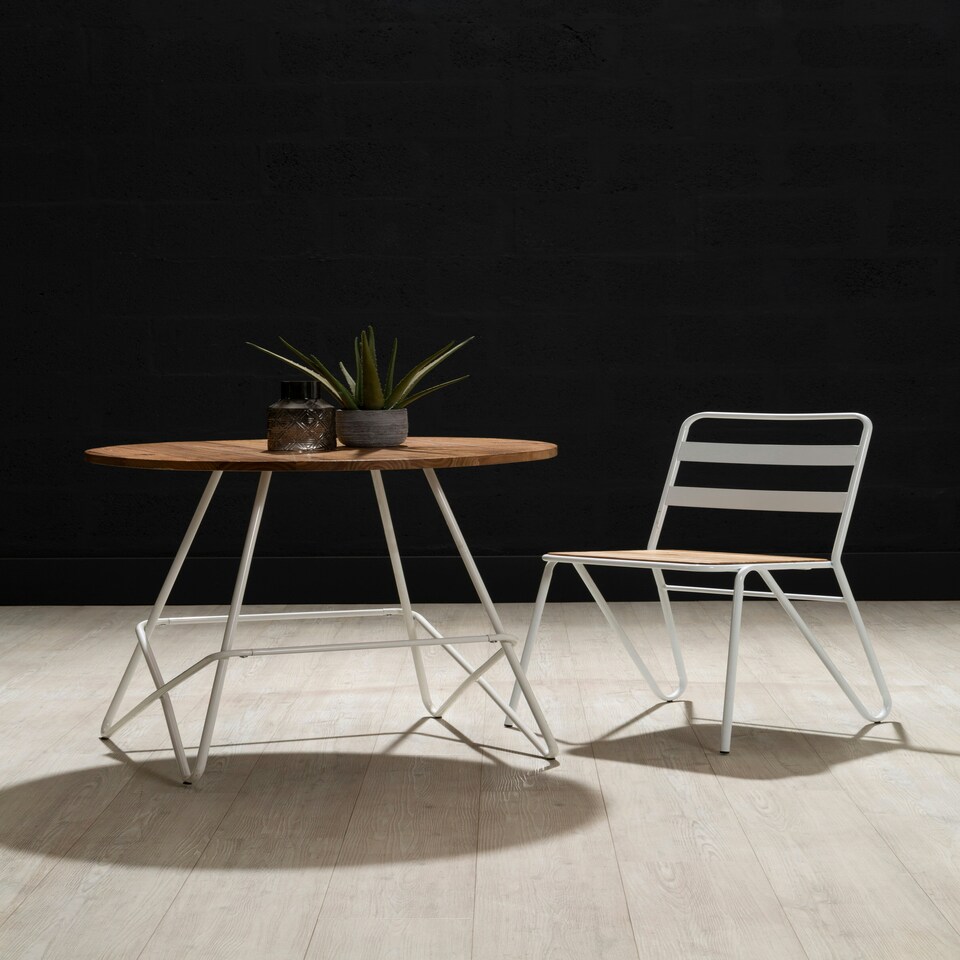 image 1 of Interiors by Premier White Metal and Elm Wood Round Table, Versatile Coffee Table for Home and Office, Round Outdoor Dining Table