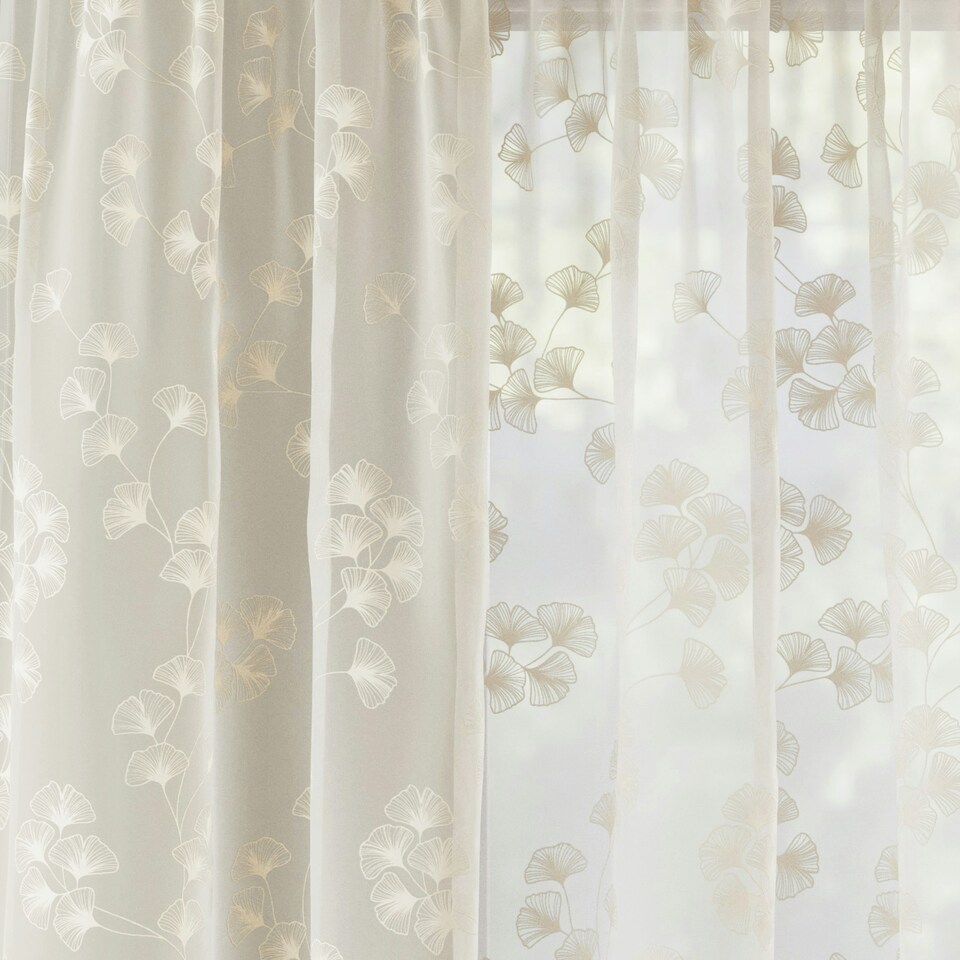 image 1 of Pair of Delila Cream Trail Leaf Print Voile Panels 137 cm (54 inch) Rod Pocket Panels for Bedroom and Living Room