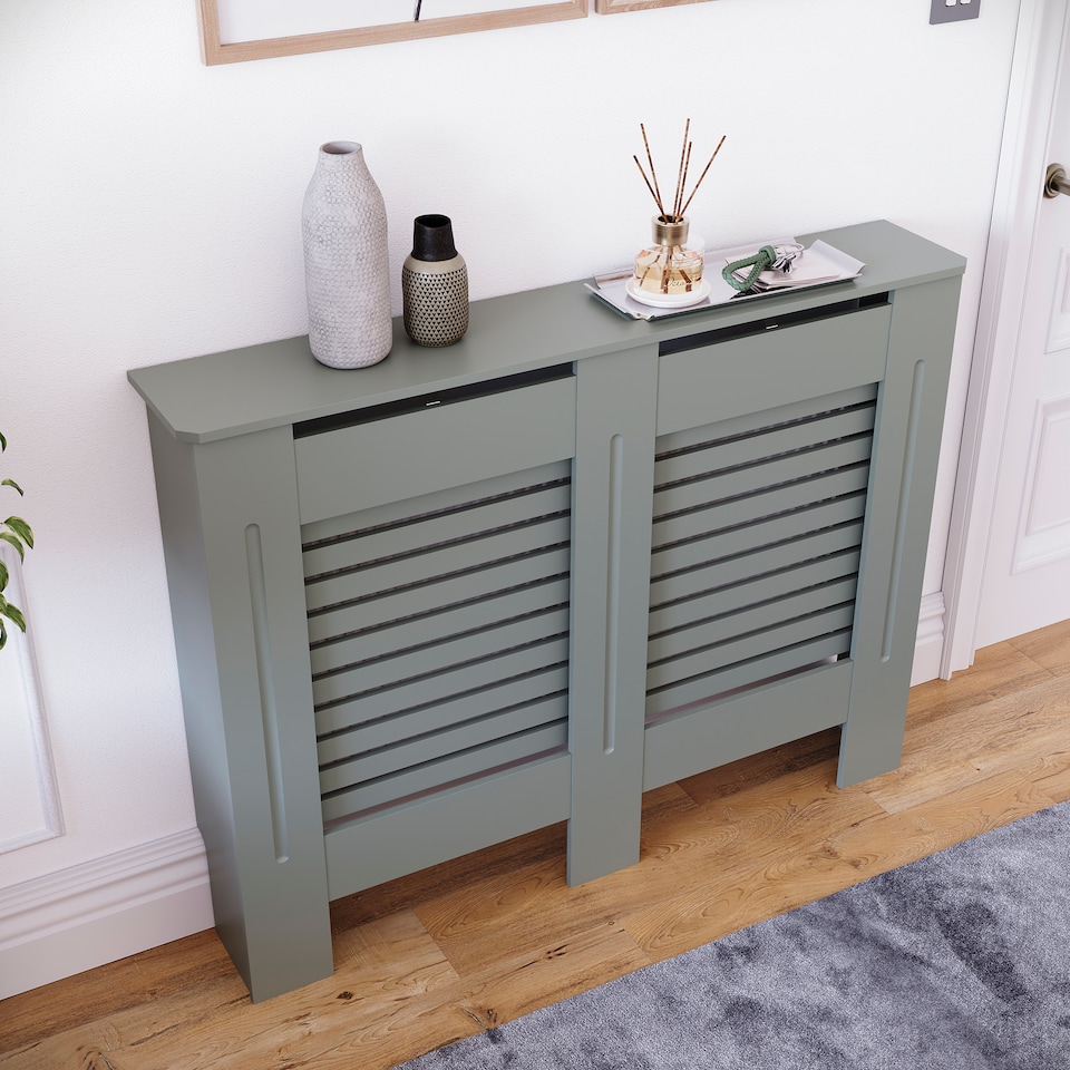 image 1 of Vida Designs Milton Radiator Cover Painted MDF Slatted Cabinet, Grey, 111cm