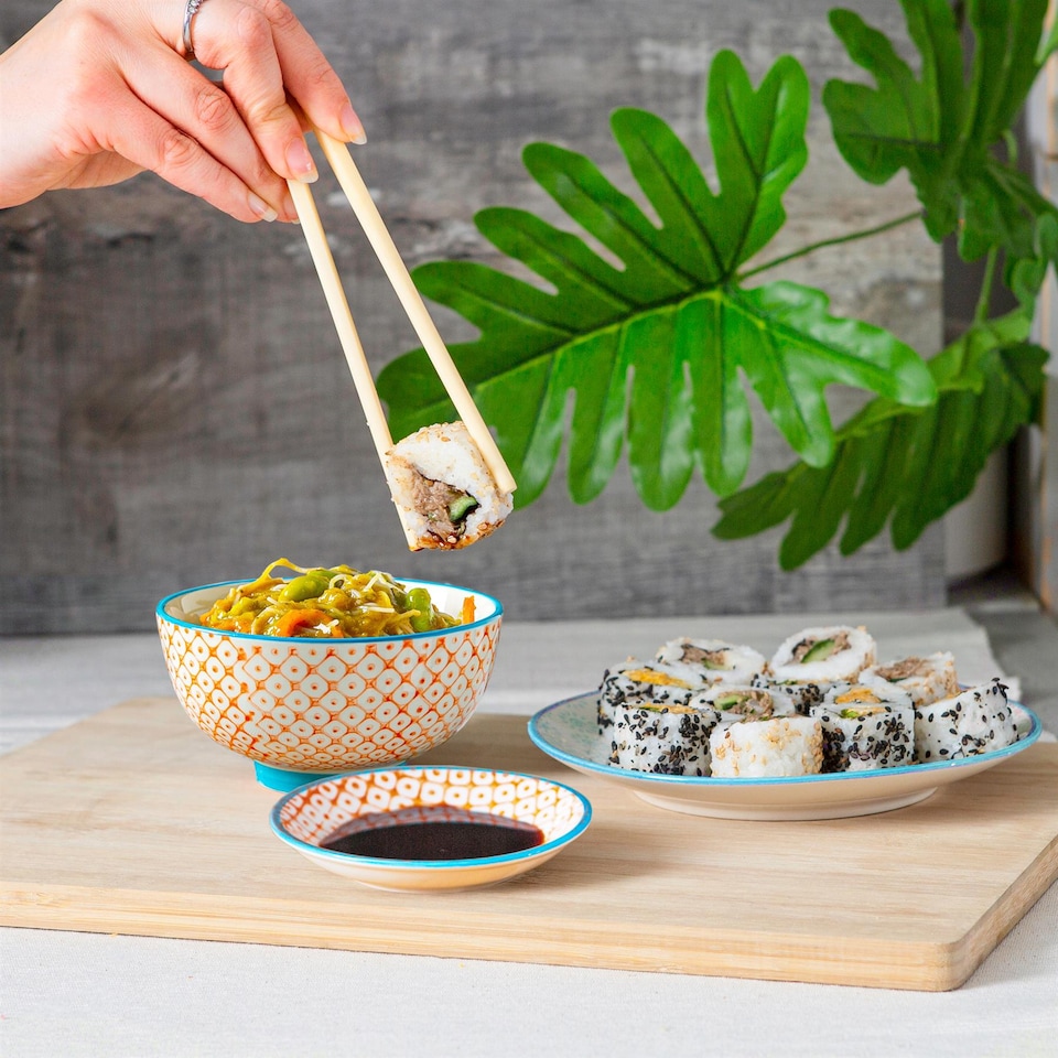 image 1 of Nicola Spring Hand-Printed Rice Bowls - 12cm - Orange - Pack of 6 | Orange | Multi-Coloured