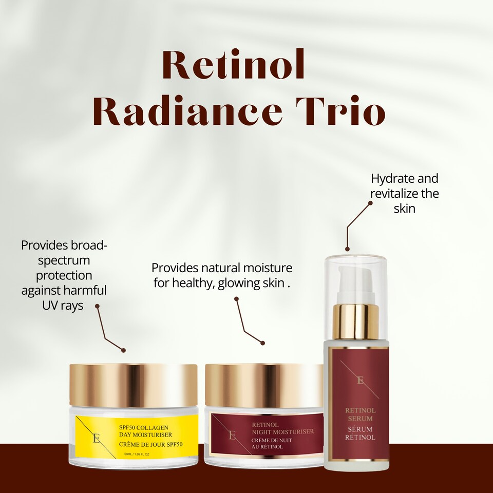 image 1 of Erth Skin London Retinol Serum 30ml + Retinol Night Moisturiser 50ml + SPF50 Collagen Day Cream 50ml