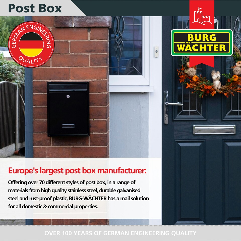 image 1 of Burg-Wachter Trent Wall Mounted Galvanised Steel Lockable Post Box - 26x34x9cm White