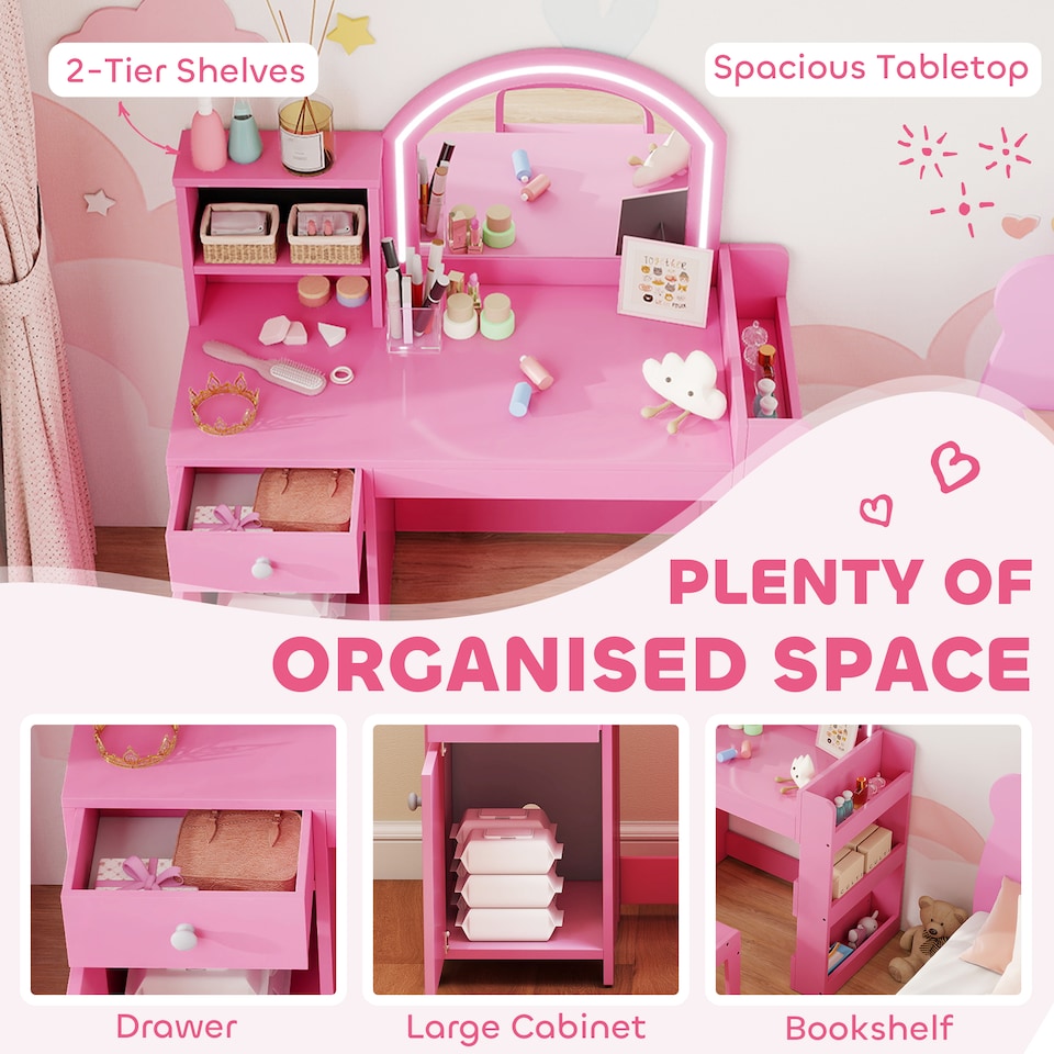 image 1 of AIYAPLAY Kids Vanity Table and Chair Set, Girls Dressing Table with 2-Colour LED Mirror, Stool, Cabinet, Drawer, Bookshelf and Shelves for Ages 3-8 Years | Pink