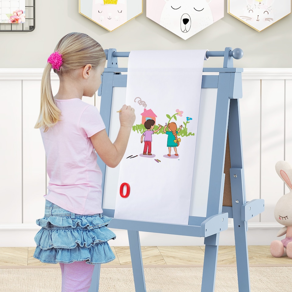 image 1 of COSTWAY Foldable Easel Kids 3-in-1 Double-sided Art Easel w/Chalkboard-Blue