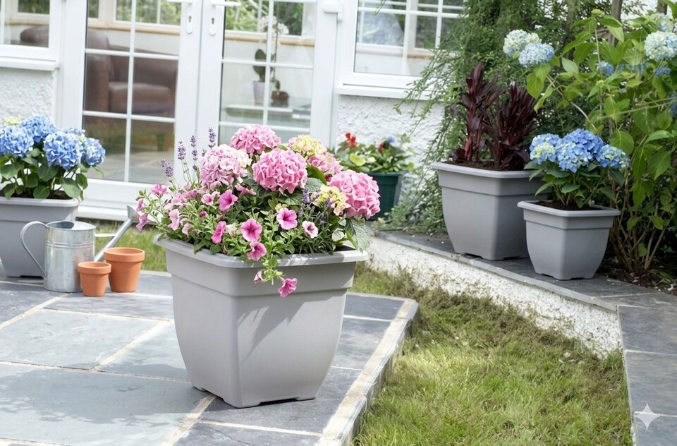 image 1 of 4x Grey Square Bell Plant Pot 38cm Plastic Bell Planter Patio Flowerpot | Grey | Grey | 4