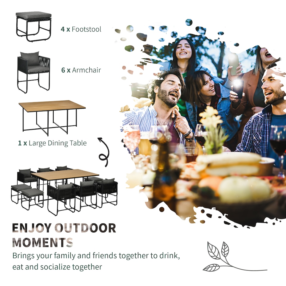 image 1 of Outsunny 10 Seater Rattan Cube Garden Furniture Set, Rattan Dining Set with Cushions, Outdoor Dining Table and Chairs with 6 Armchairs, 4 Stools, Rectangular Wood Grain Plastic Top Table, Black