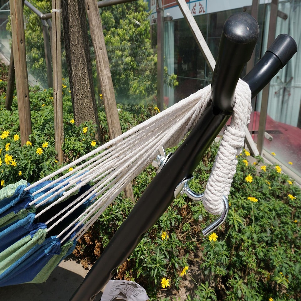 image 1 of Gr8 Garden Single Cotton Hammock Outdoor Swing with Space Saving Metal Stand Frame