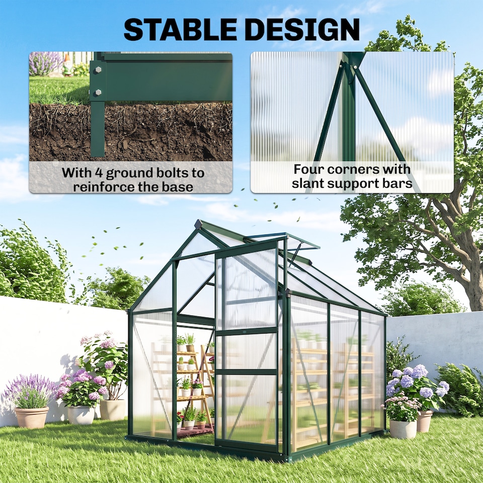 image 1 of Outsunny 6x6ft Walk-In Polycarbonate Greenhouse Plant Grow Galvanized Aluminium | Green