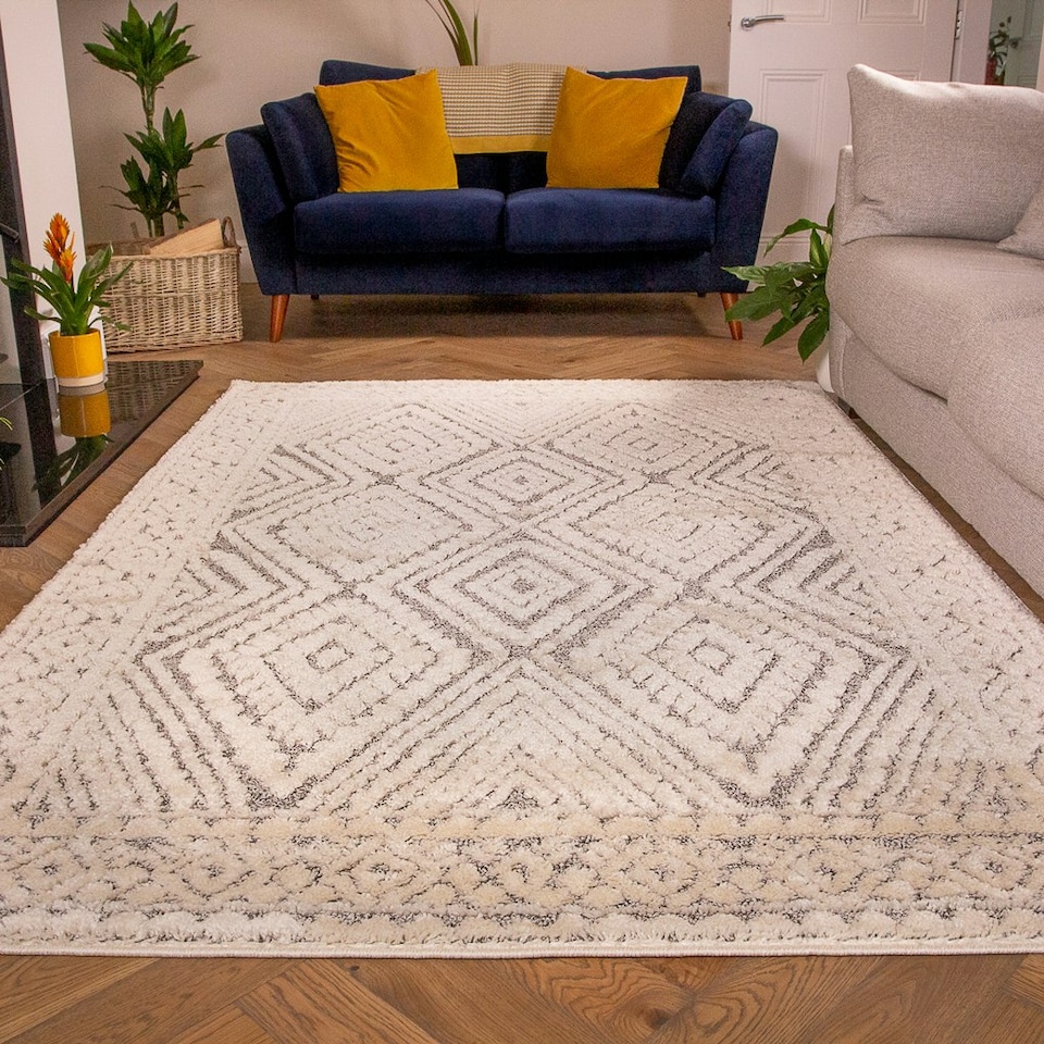 image 1 of KUKOON Grey Cream Diamond Geometric Tufted Pile Area Rug 60cm x 110cm | Grey