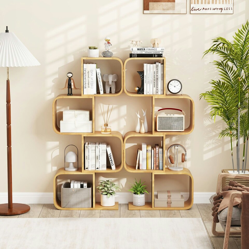 image 1 of COSTWAY 4-TierS-Shaped Bookcase, Bamboo Bookshelf Brown