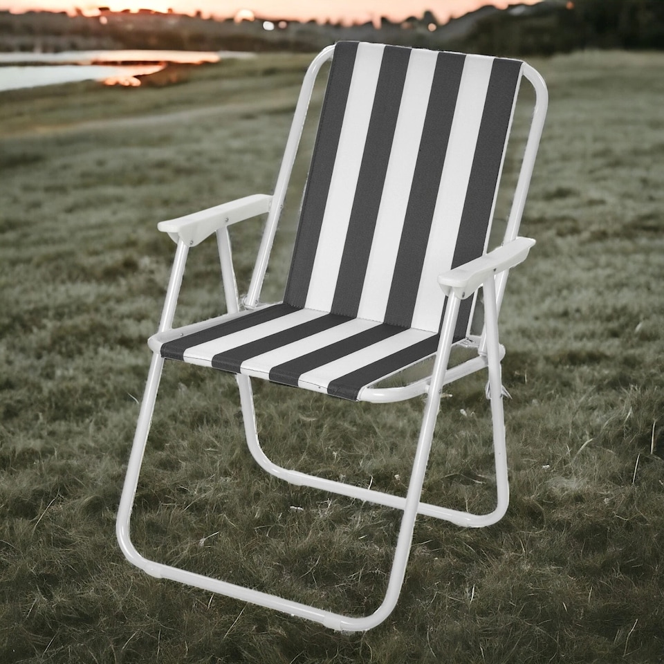 image 1 of Garden Patio Metal Folding Spring Deck Chairs Camping Beach Picnic Outdoor Seats | Black | 2 x Black & White Stripe