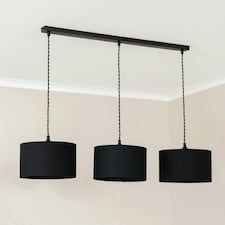 ValueLights Reni Black Fabric Drum Shade 3 Drop Bar Black Diner Ceiling Light and Bulbs Black
