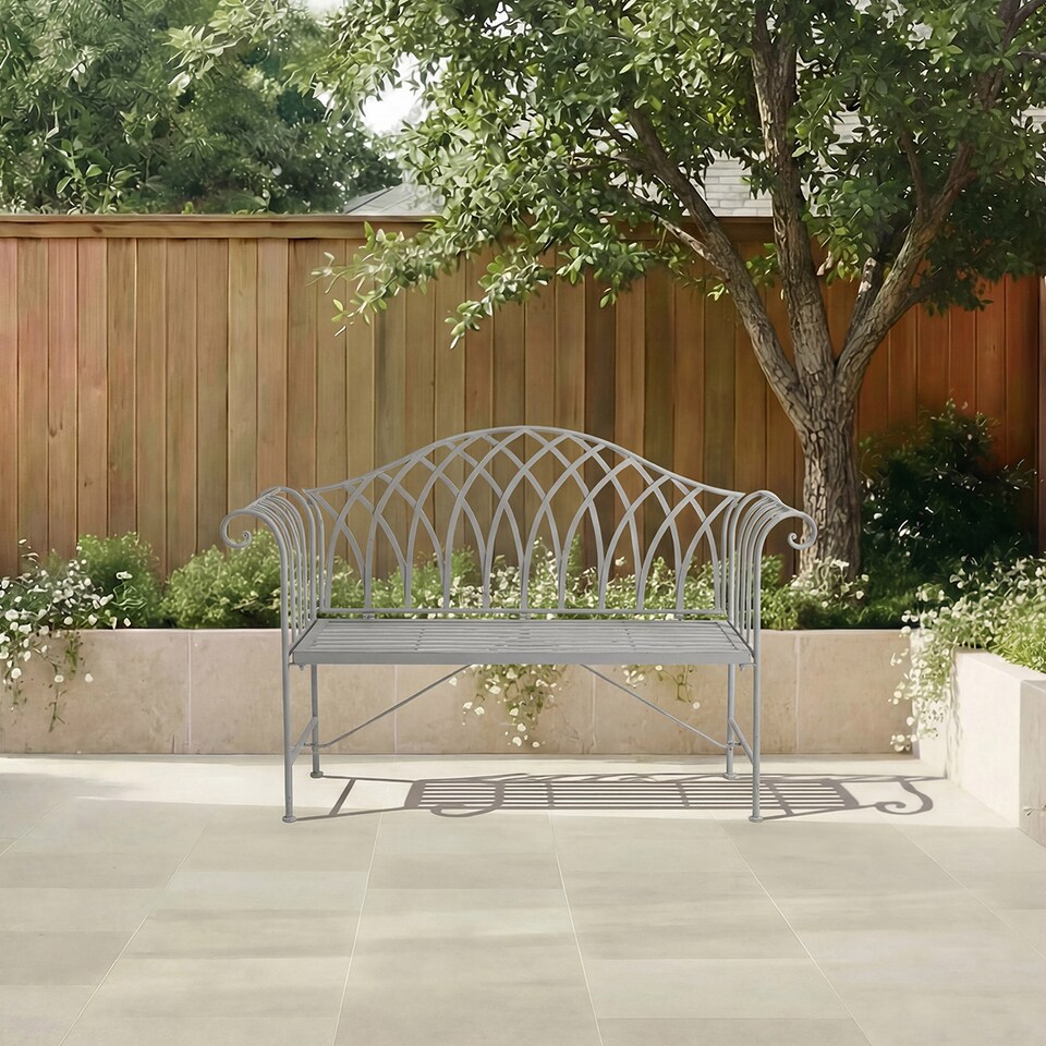 image 1 of Charles Bentley Decorative Wrought Iron Outdoor Rustic Bench - Grey
