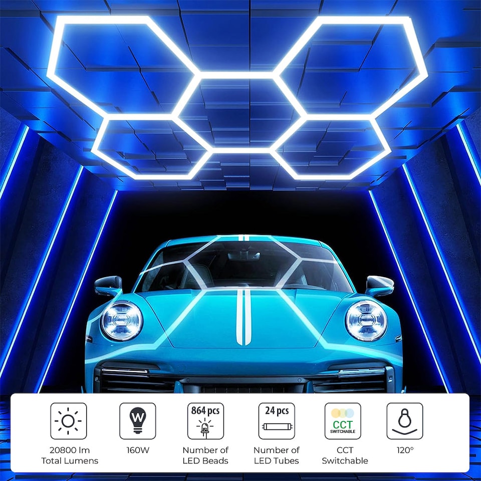 image 1 of 160W Car Showroom Lights with 5 Hexagon design CCT switchable through on off switch