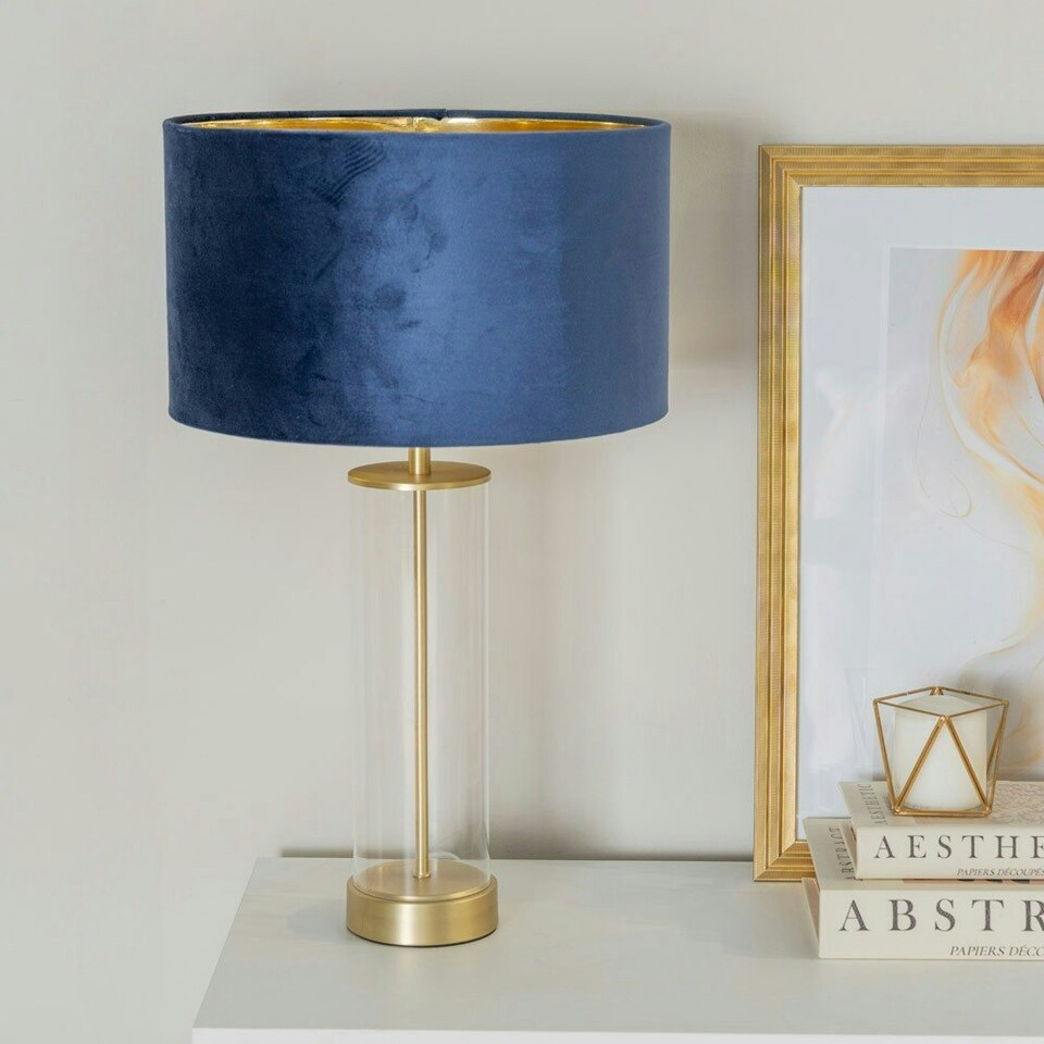 image 1 of ValueLights Balan Glass with Gold Table Lamp and Navy Blue Velvet with Metallic Gold Inner Lamp Shade Blue