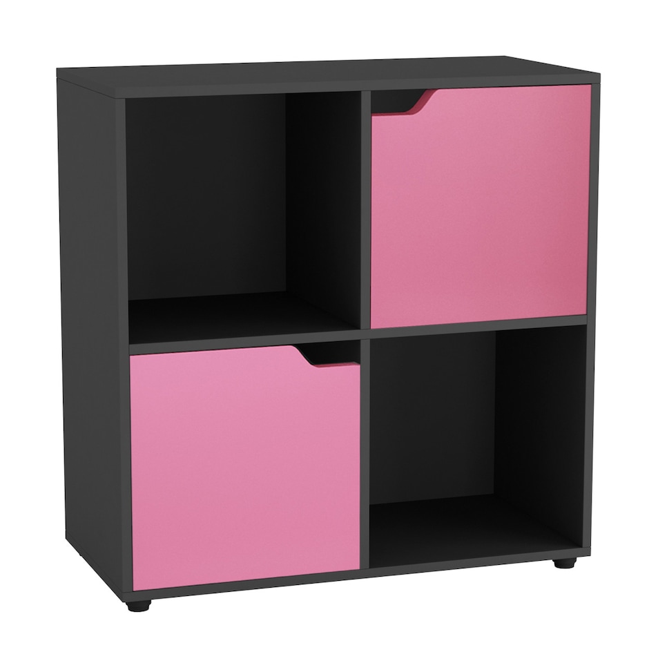image 1 of 4-Cube Shelving Unit With Wooden Doors - Square | Black | Black & Pink | 1