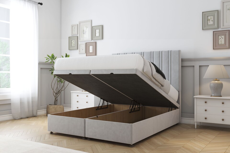 image 1 of Sloomy Langston Silver Plush Ottoman Bed Base With 54" Floor Standing Headboard 5' King | Silver | Silver | King | 1