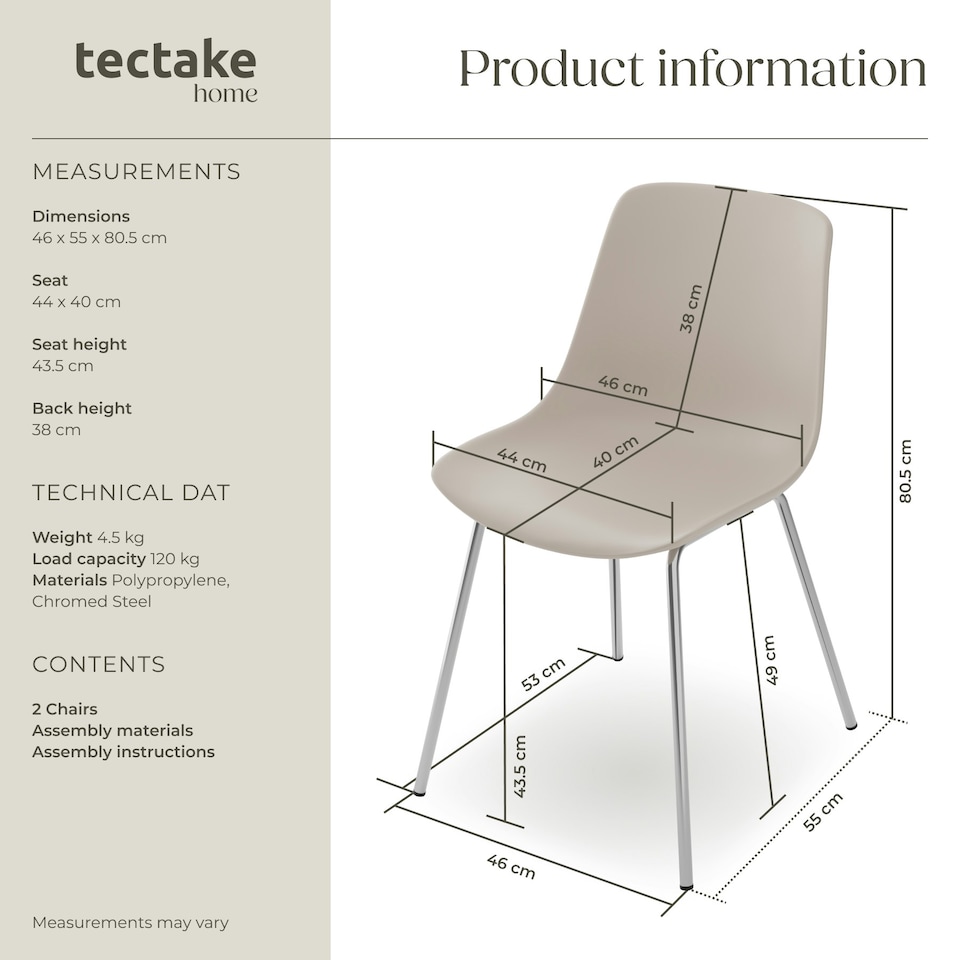 image 1 of Dining Chair Mave - large plastic seat, ergonomic, high backrest, 120 kg load capacity - Set of 2 Grey | Taupe/Chrome