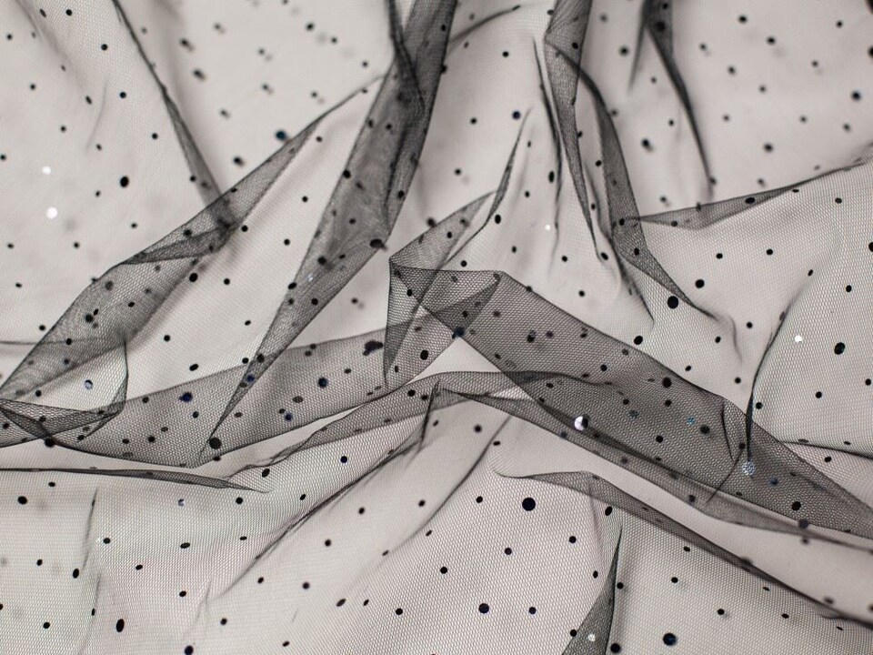 Minerva Core Range Black Sequin Tulle Net Fabric for Dressmaking, 150cm / 59" Wide - per metre