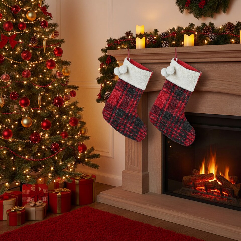 image 1 of 40cm Luxury Red Black Tartan Christmas Stocking Hanging Sock Sack Xmas Gift Faux