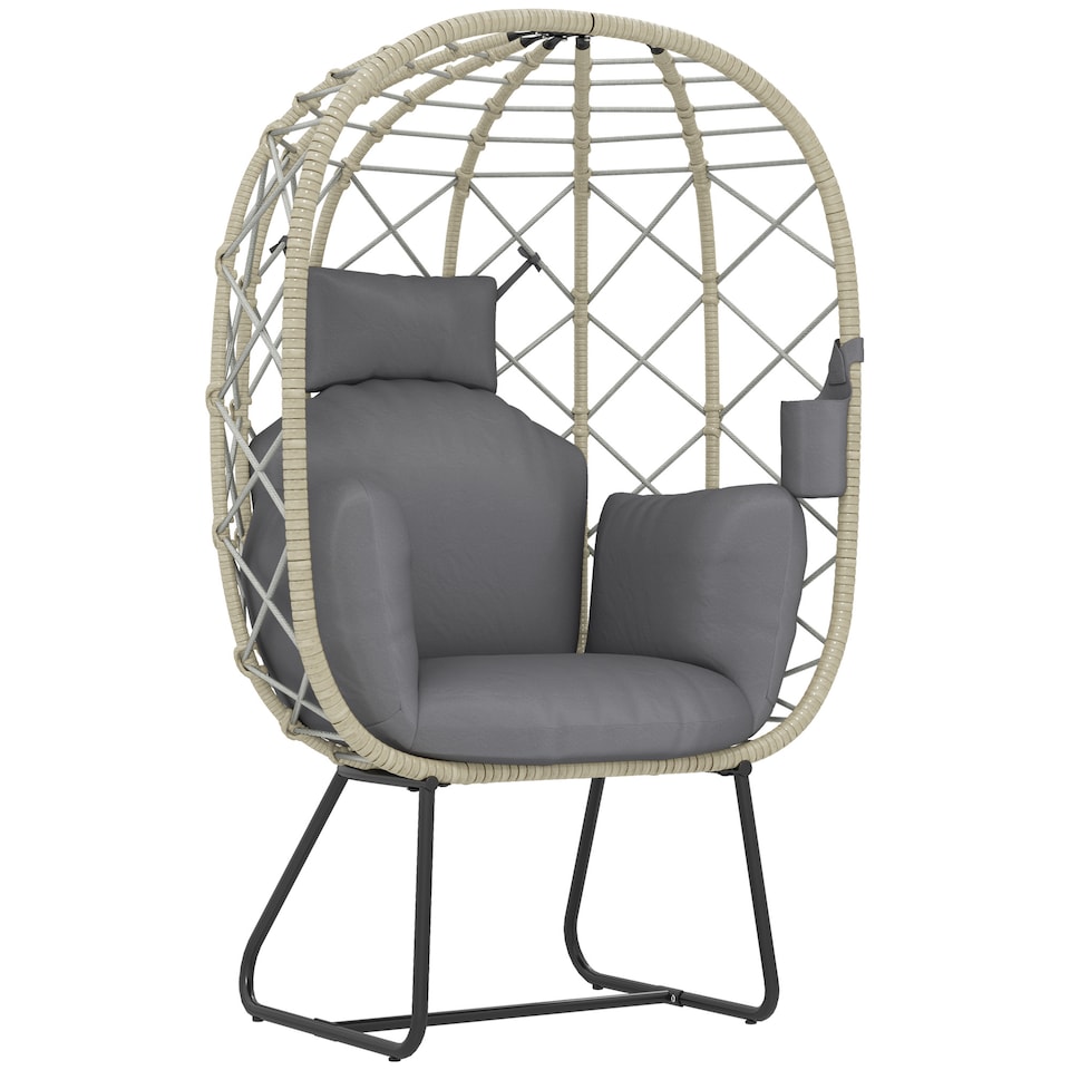 image 1 of Outsunny Rattan Egg Chair Outdoor Indoor Wicker Chair with Thickened Cushion and Headrest, Standing Garden Egg Chair with Cup Holder, Metal Frame for Patio, Balcony, Grey | Grey