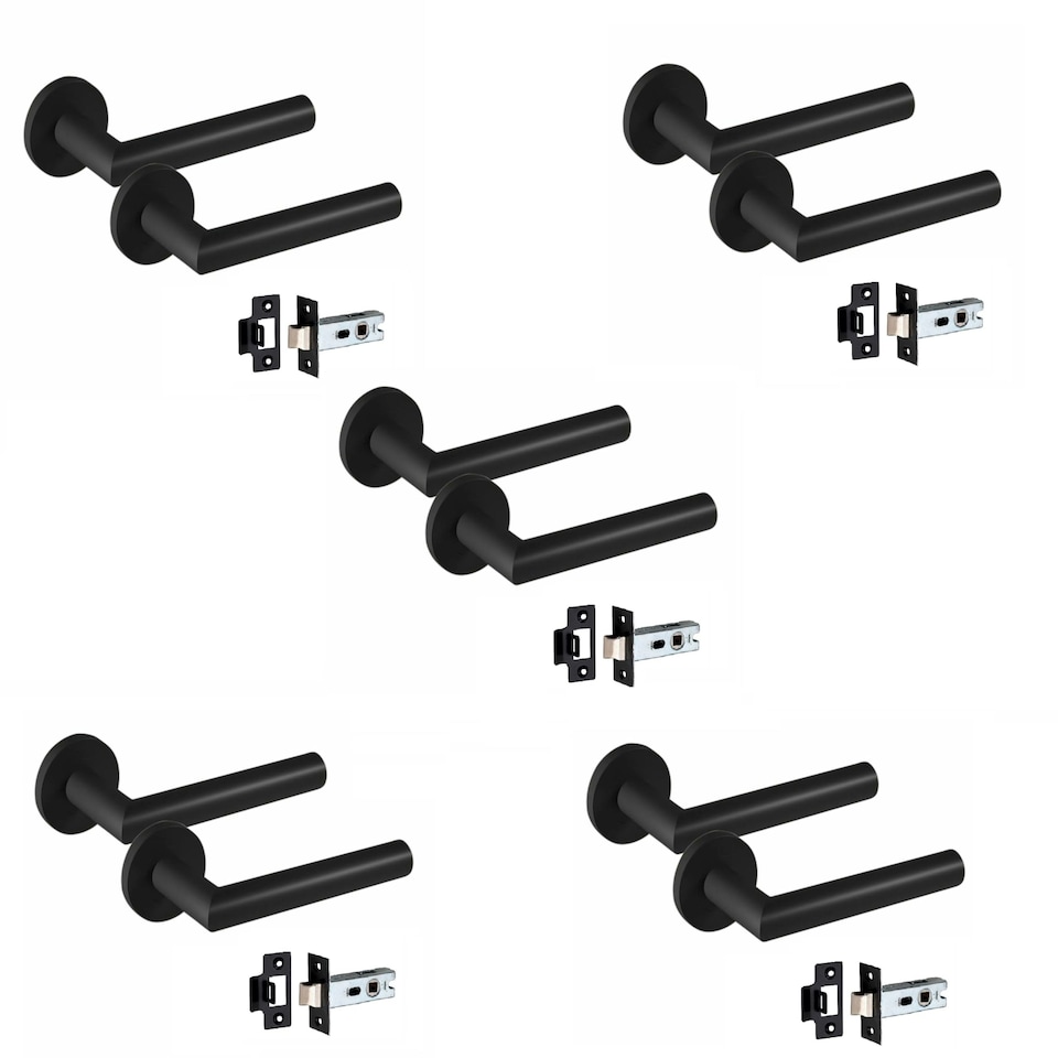 image 1 of Golden Grace 5 Pairs Mitred Design Door Handles on Round Rose in Matt Black Finish with 2.5" Tubular Latch - 52mm Diameter Black