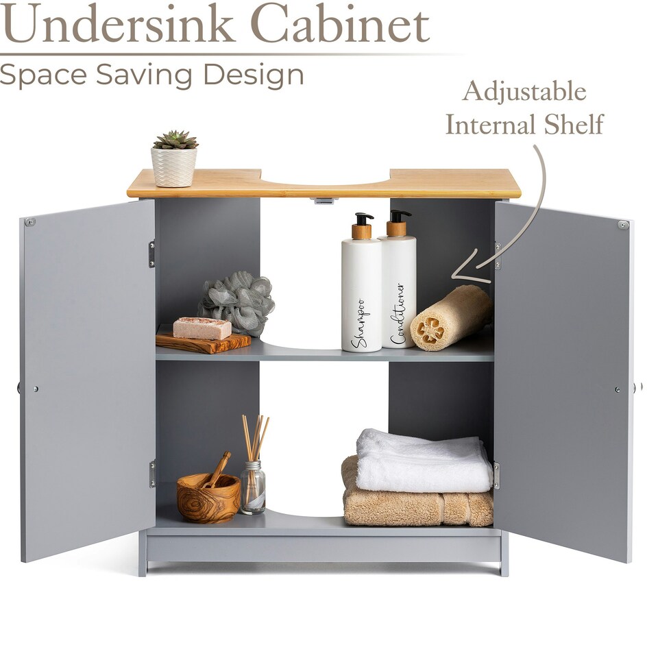 image 1 of Christow Bathroom Under Sink Cabinet Grey Bamboo Wooden Storage Cupboard Unit