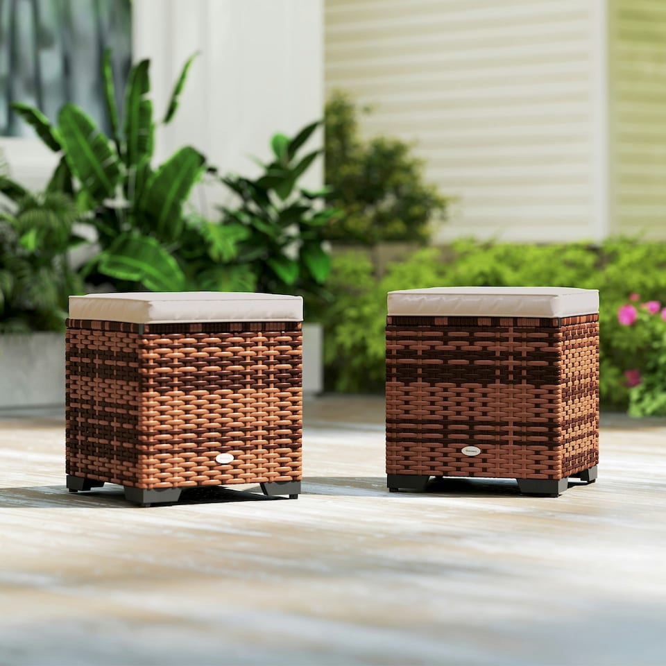 image 1 of Outsunny Set of 2 Rattan Footstool, Storage Ottoman w/ Cushions, Beige Cream