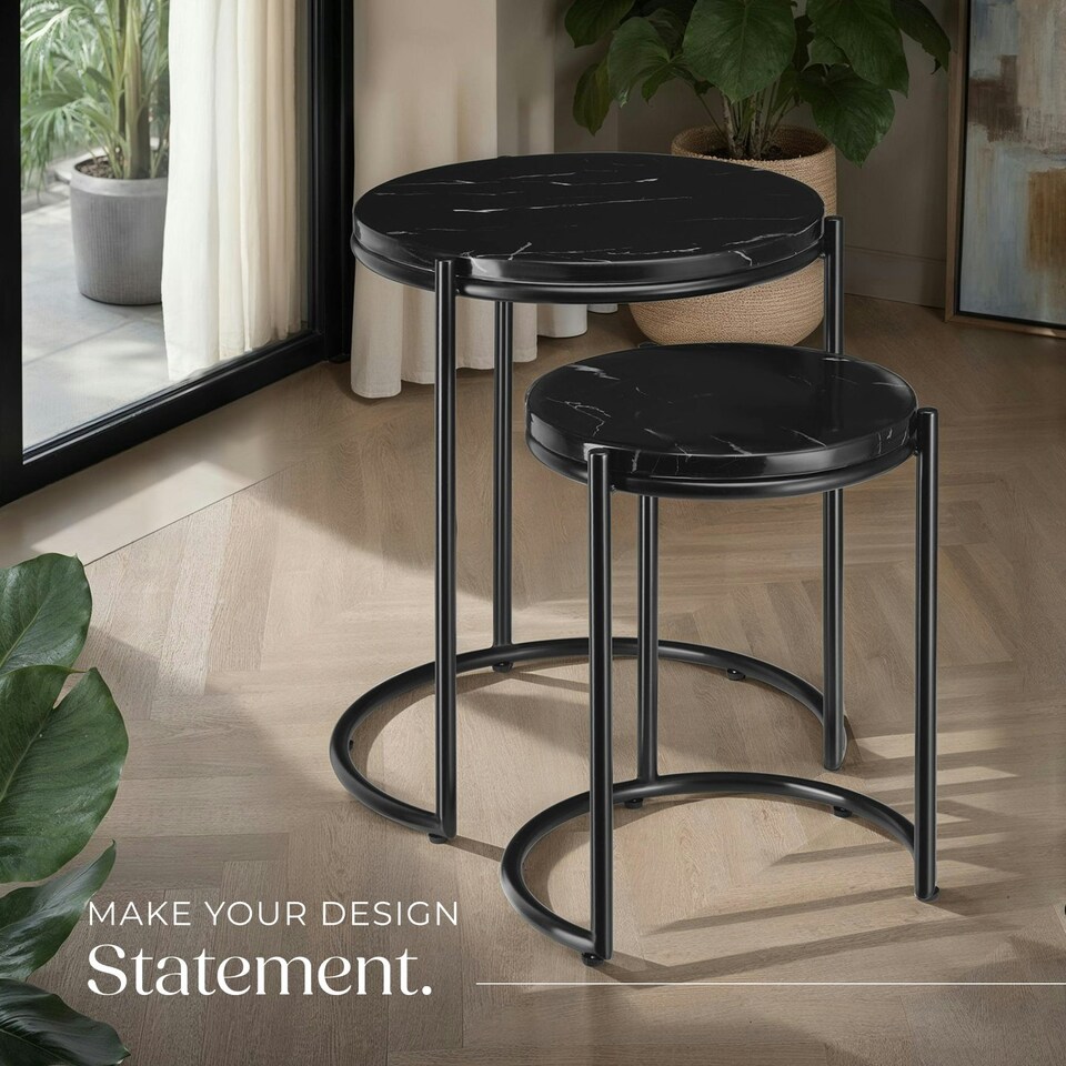 image 1 of Side Table Ellsa - marble top, steel frame, elegant design - Set of 2 Black