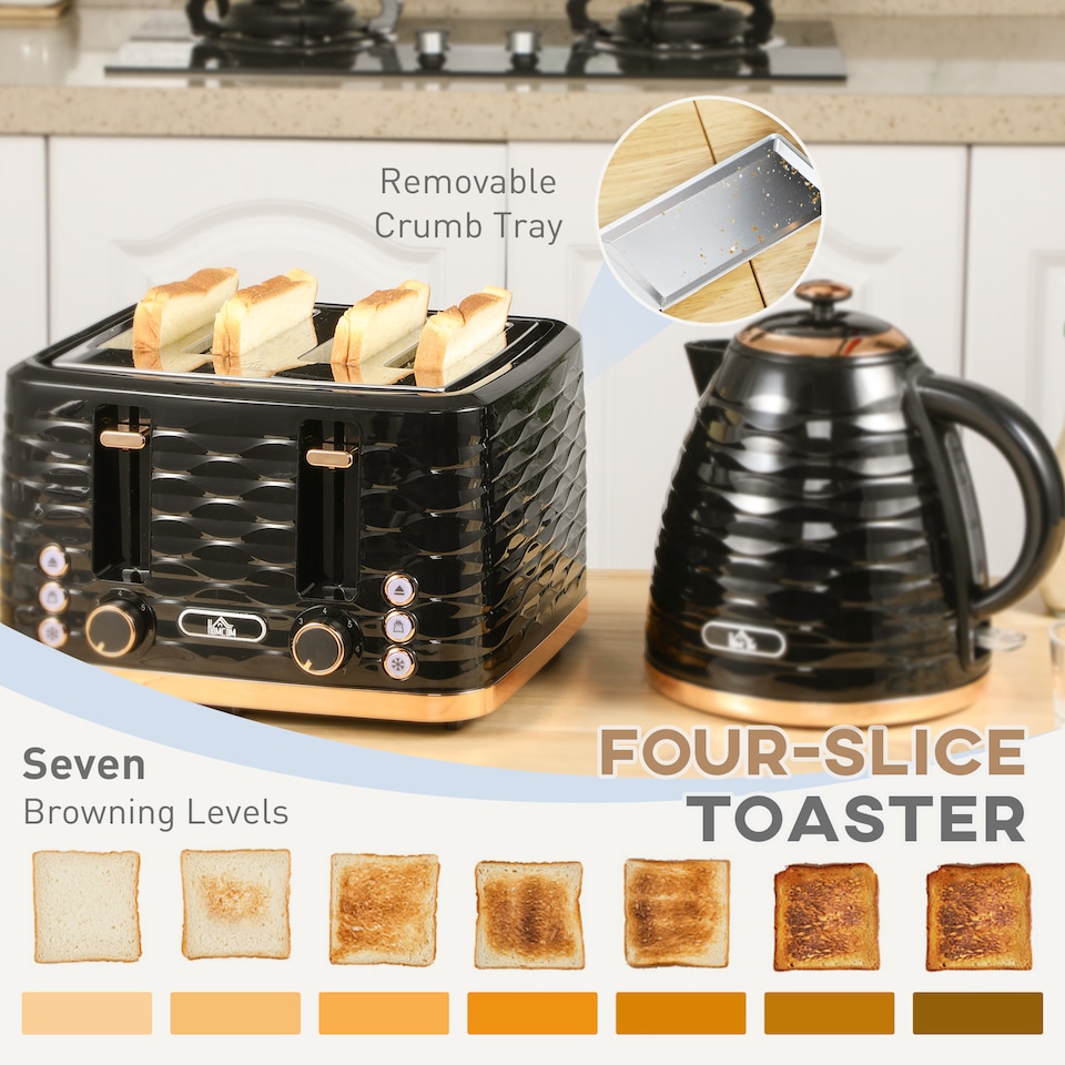 image 1 of HOMCOM Kettle and Toaster Sets, 3000W 1.7L Rapid Boil Kettle & 4 Slice Toaster with 7 Browning Controls, Defrost, Reheat and Crumb Tray, UK Otter thermostat, Black