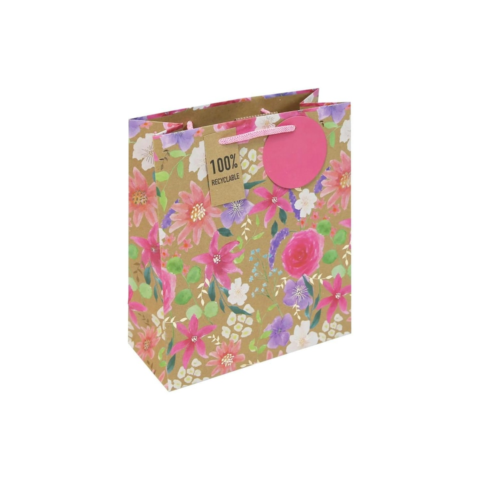 image 1 of Pack of 6 Kraft Floral Medium Gift Bags Brown