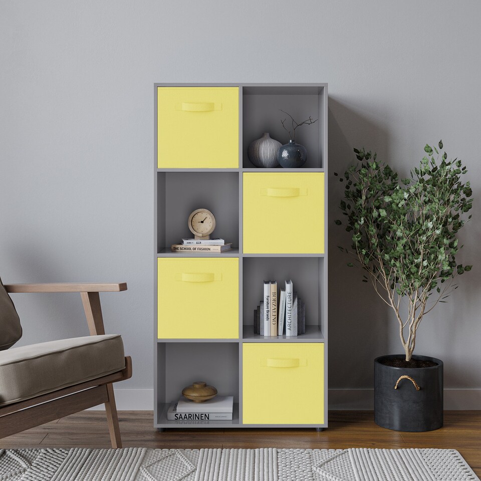 image 1 of 8-Cube Shelving Unit With Non Woven Inserts | Grey | Grey & Yellow | 1