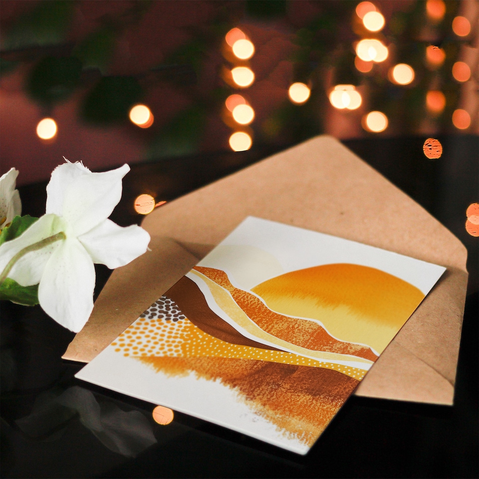 image 1 of Greeting Card Abstract Mountains Sunset Amber Orange Landscape
