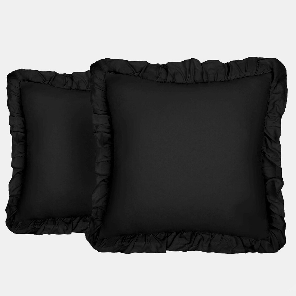 image 1 of OHS 2 x Faux Linen Frill Edged Cushion Covers, 45x45cm - Black