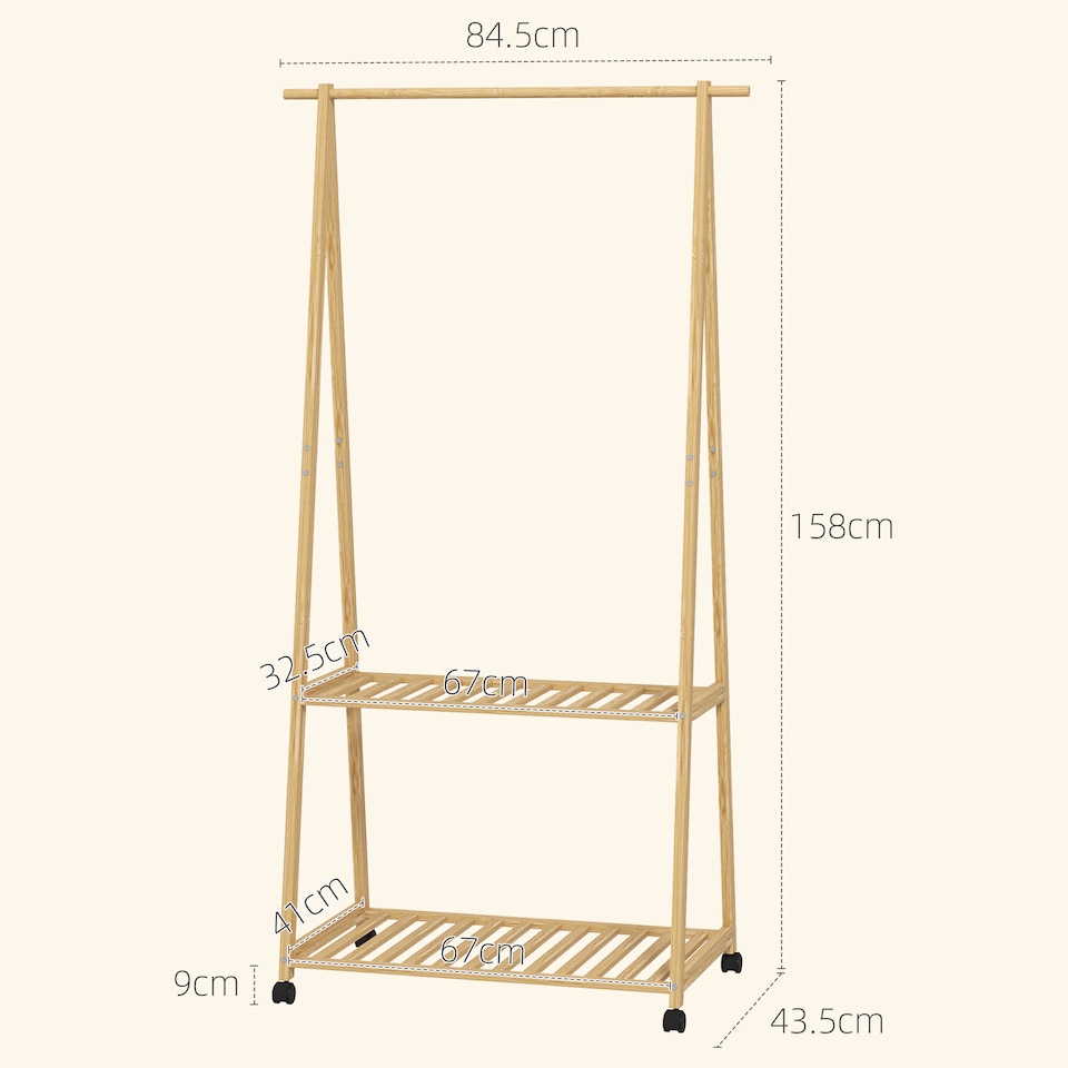 image 1 of HOMCOM Bamboo Clothes Rail Rack with 2 Storage Shelves and 2 Hooks, Freestanding Open Wardrobe Coat Stand with Wheels for Entryway, Bedroom, Natural Wood Effect