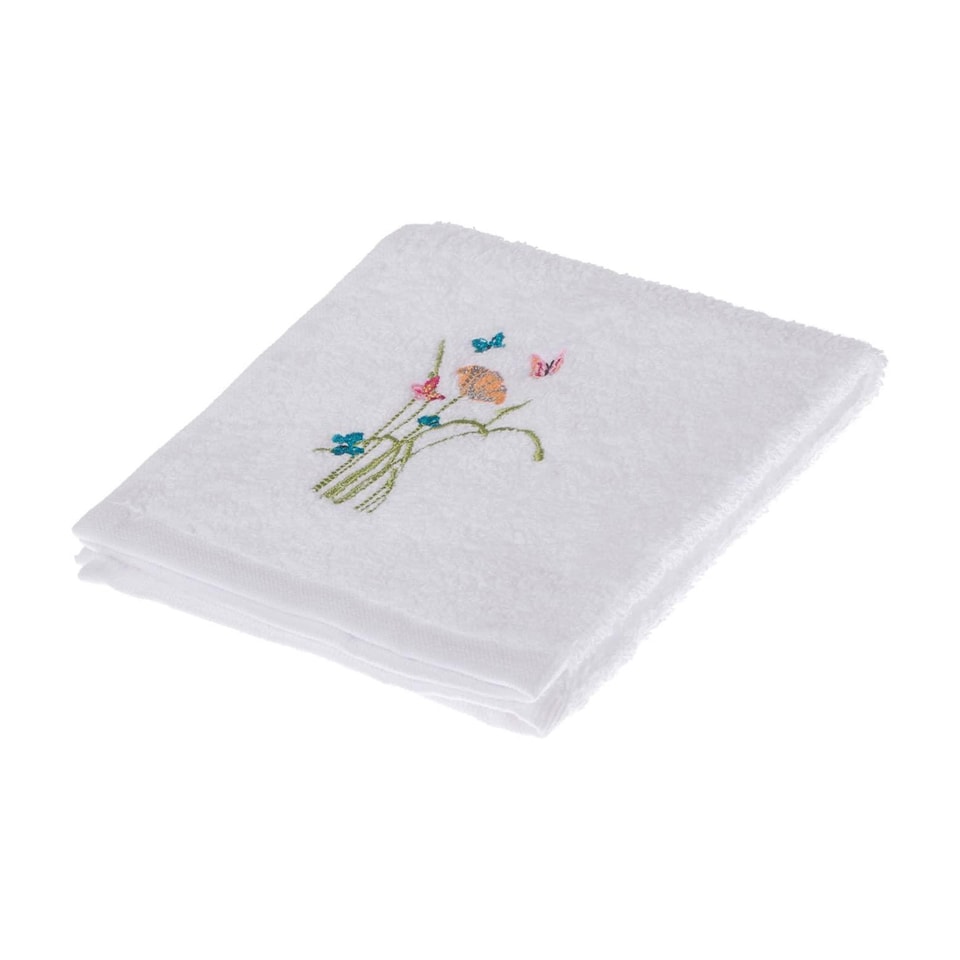 image 1 of Homescapes Turkish Cotton Embroidered Butterfly White Face Cloth - Set of 4