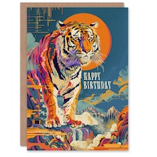 Colourful Tiger Japanese Temple Waterfall Him Birthday Card