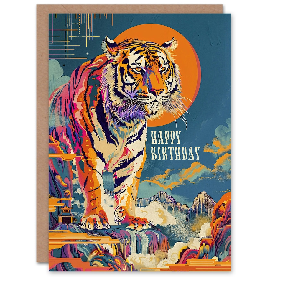 image 1 of Colourful Tiger Japanese Temple Waterfall Him Birthday Card