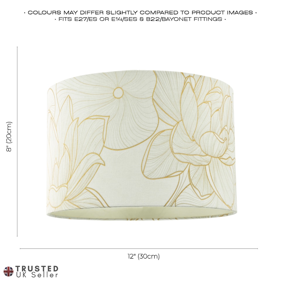 image 1 of Designer Cream Linen Fabric 12 Inch Lampshade with Large Shiny Gold Foil Flowers | Cream