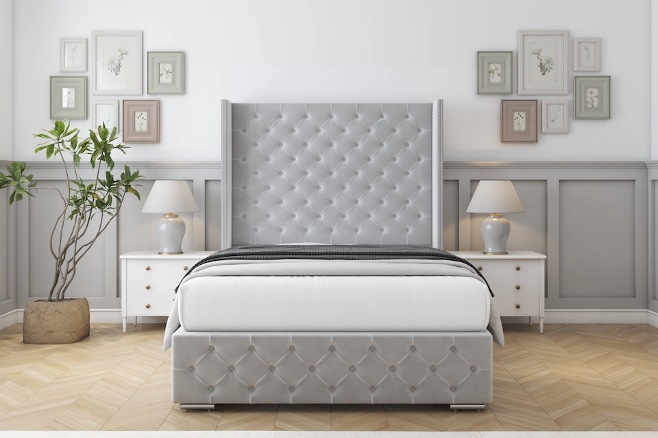 image 1 of Sloomy Arundel Silver Plush Bed Frame With 50"  Upholstered Wingback Headboard 6' Super King